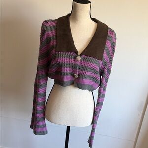 Cropped Striped Cardigan in Pink and Gray with Brown Collar